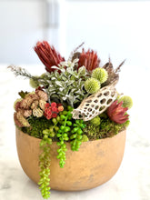Load image into Gallery viewer, Gold Succulent and Protea Arrangement

